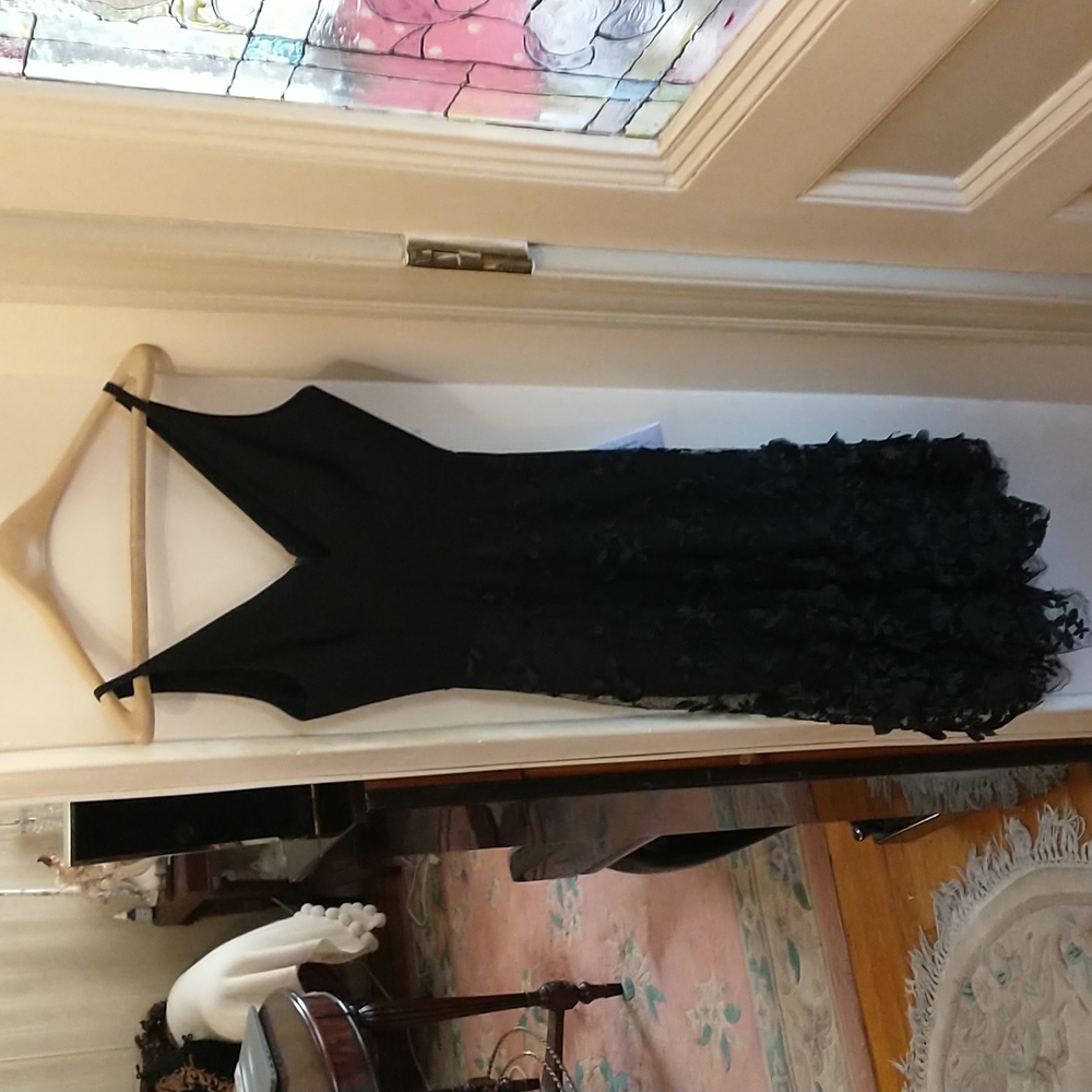 Formal black dress with lace atfrom waist to the bottom of dress.